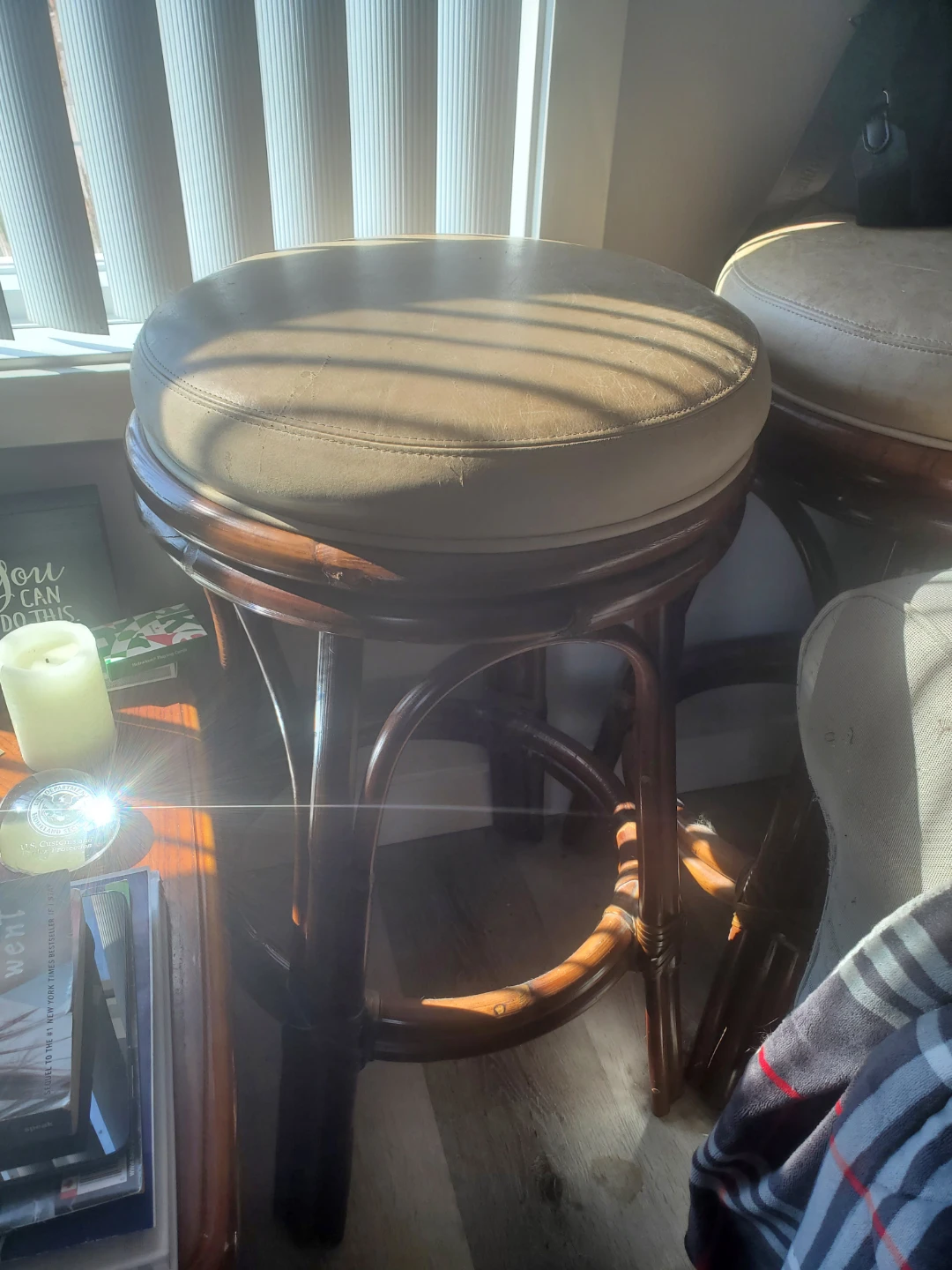 3 Tommy Bahama Swivel Bar Stools - Rattan and Leather
