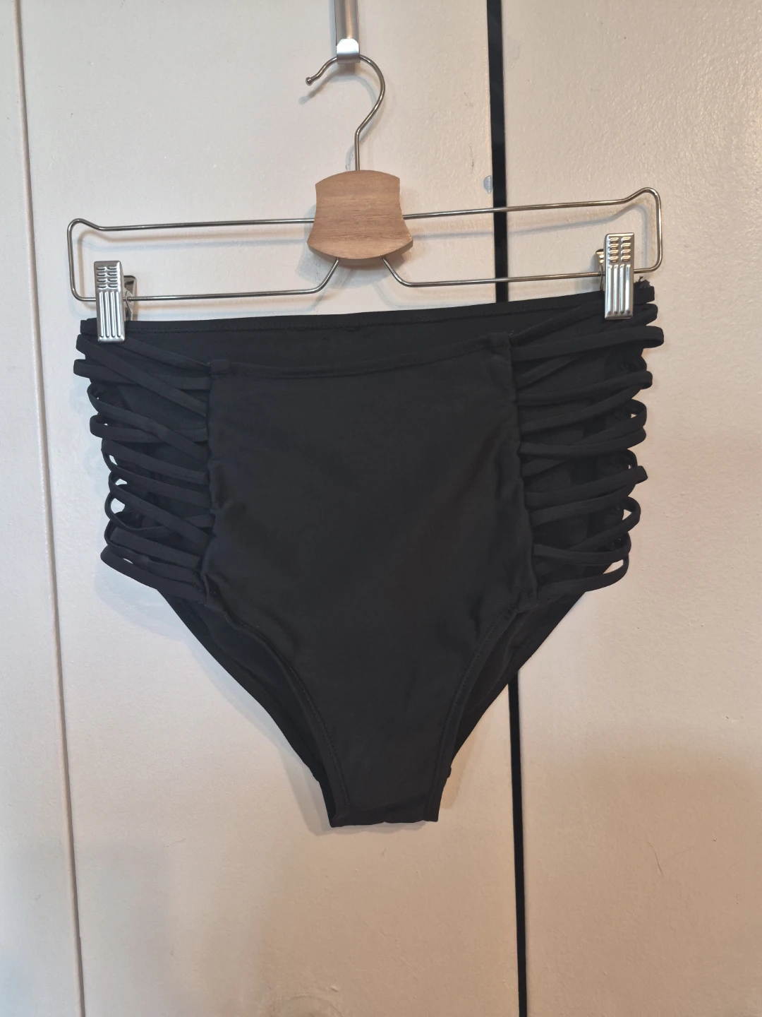 Black High-Waisted Bikini Bottoms with Strappy Sides