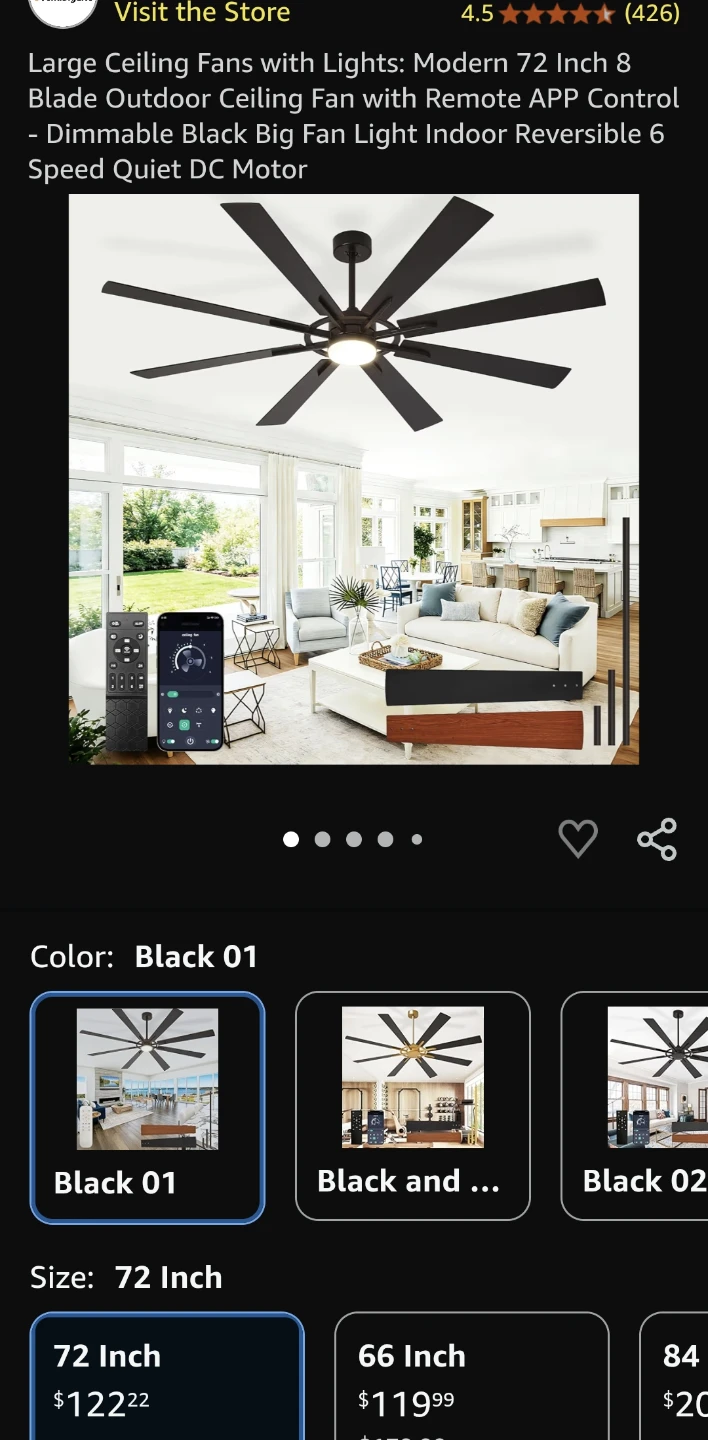 Modern 72 Inch Black Outdoor Ceiling Fan with Light