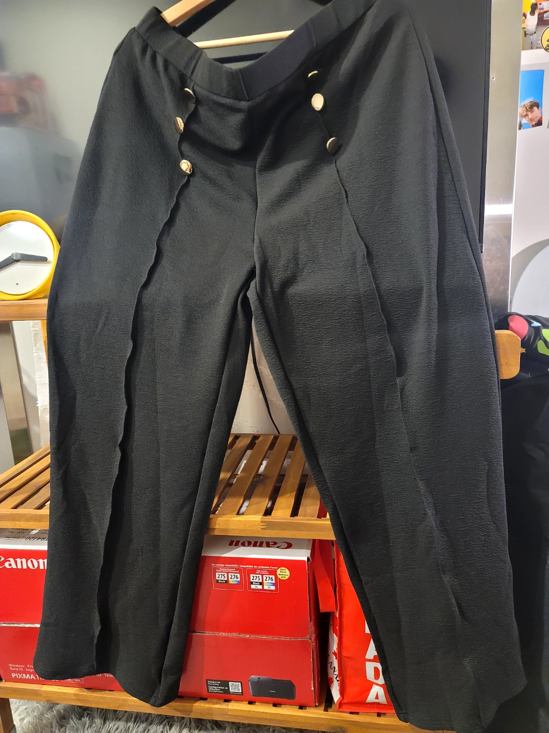 Women's Black Textured Pants with Gold Button Detail-40x30