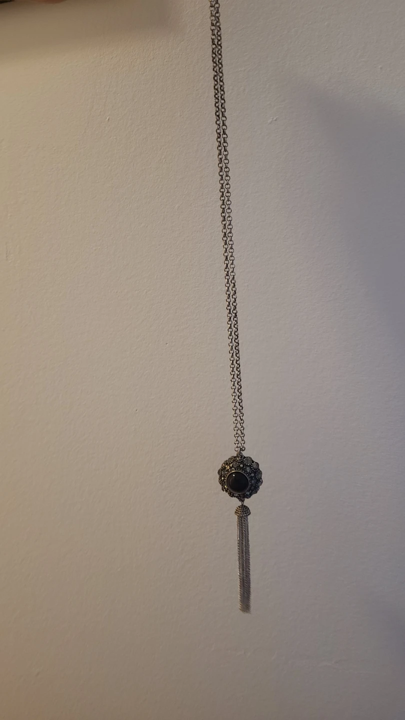 Silver-tone Pendant Necklace with Black Stone and Tassel