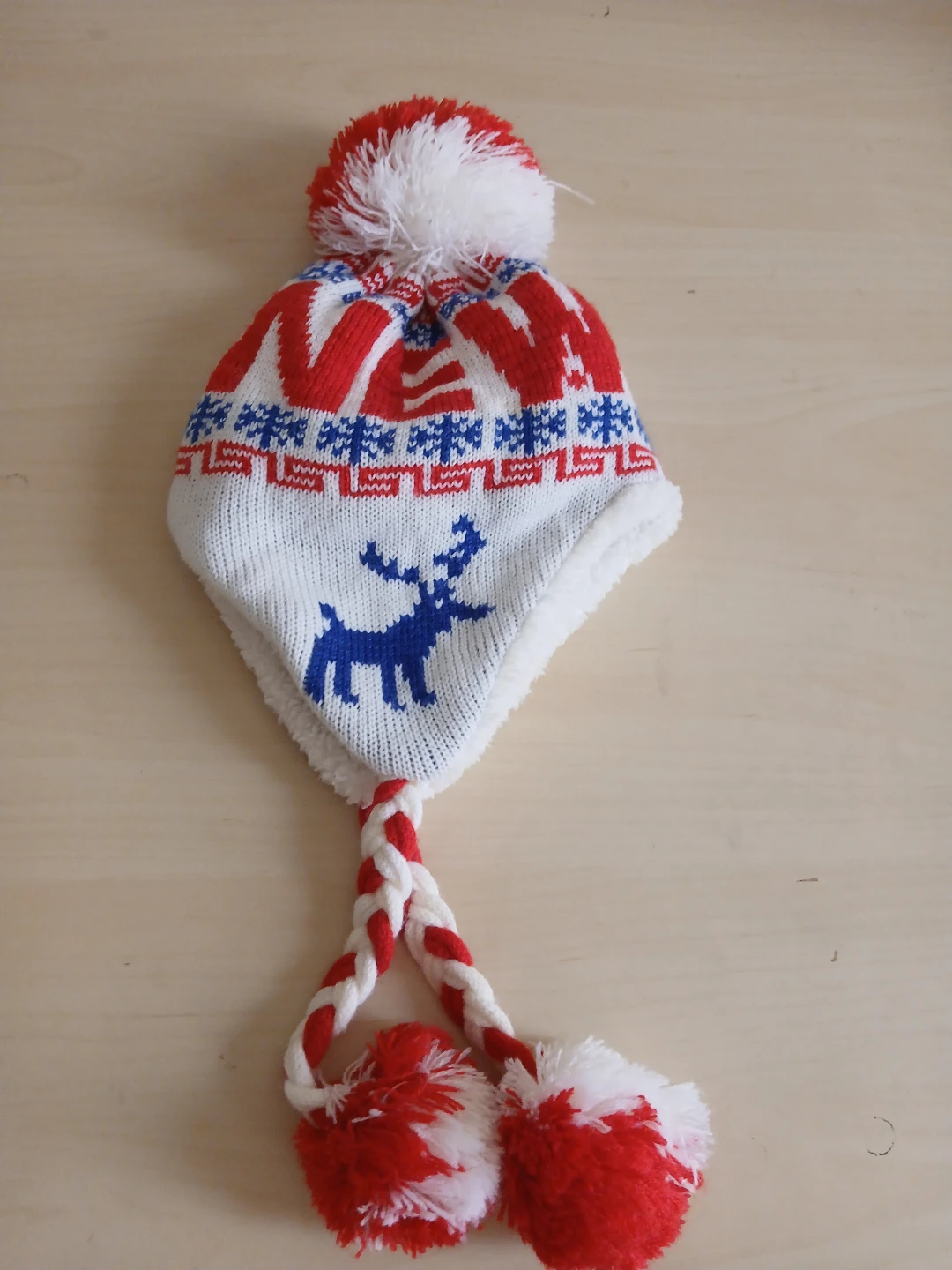 Kids Winter Hat with Poms and Reindeer Design