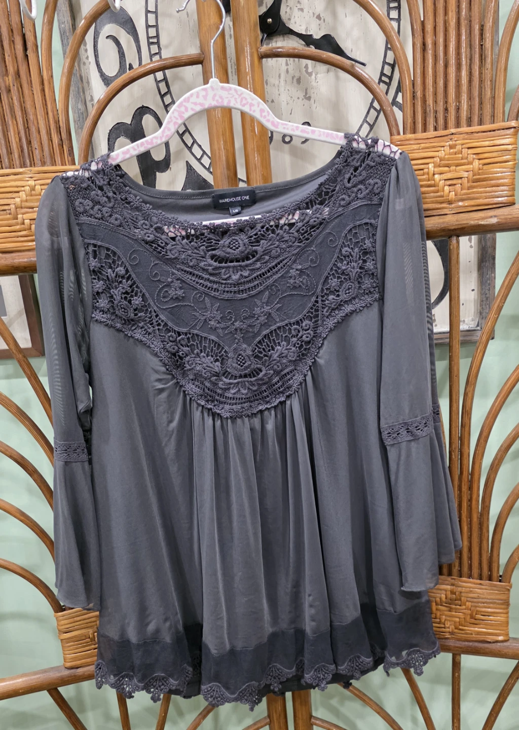 WAREHOUSE ONE Women's Grey Lace Yoke Blouse