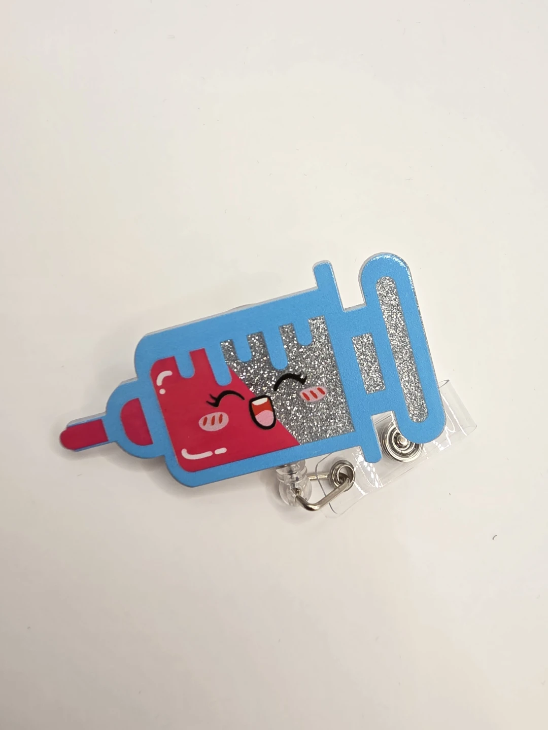 Retractable Glitter Syringe ID Badge Reel Holder