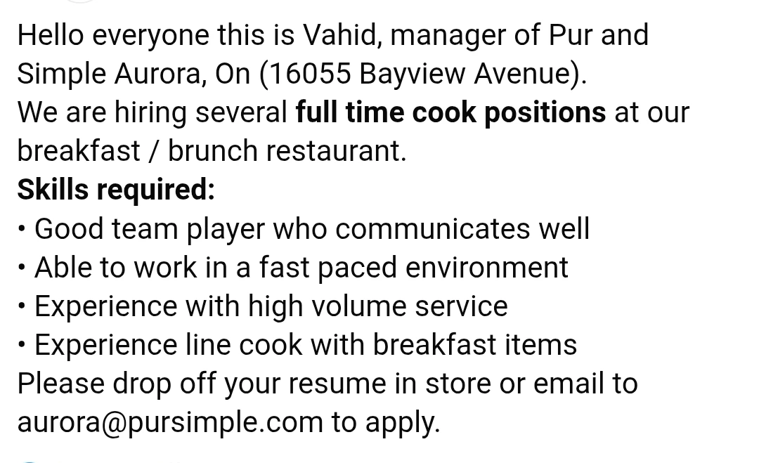 Line Cook Needed in Aurora, Ontario