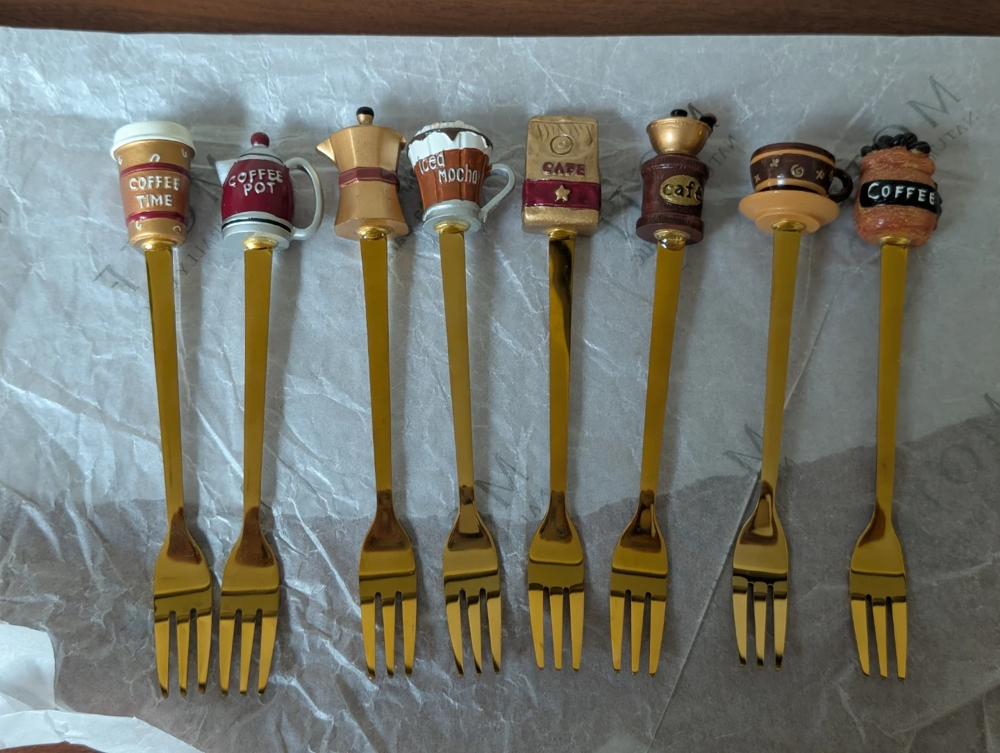 Set of 8 Gold Coffee Themed Dessert Forks
