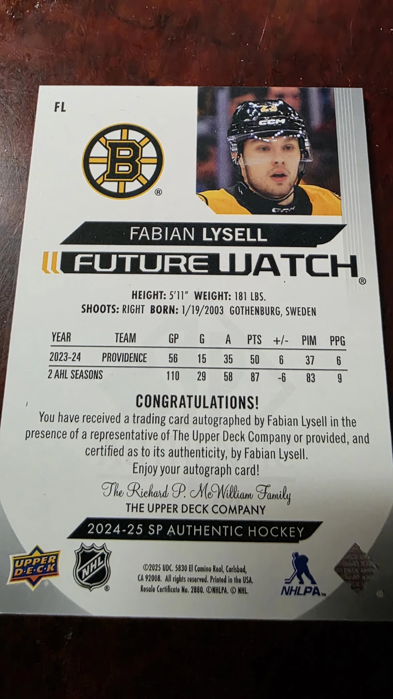 2024-25 Upper Deck SP  - Fabian Lysell Autographed - photo 2