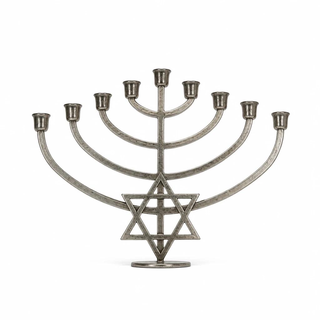 Vintage Brass Hanukkah Menorah Star of David Scroll Base - photo 2