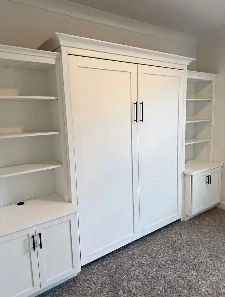 White Murphy Bed with Built-in Shelving Unit
