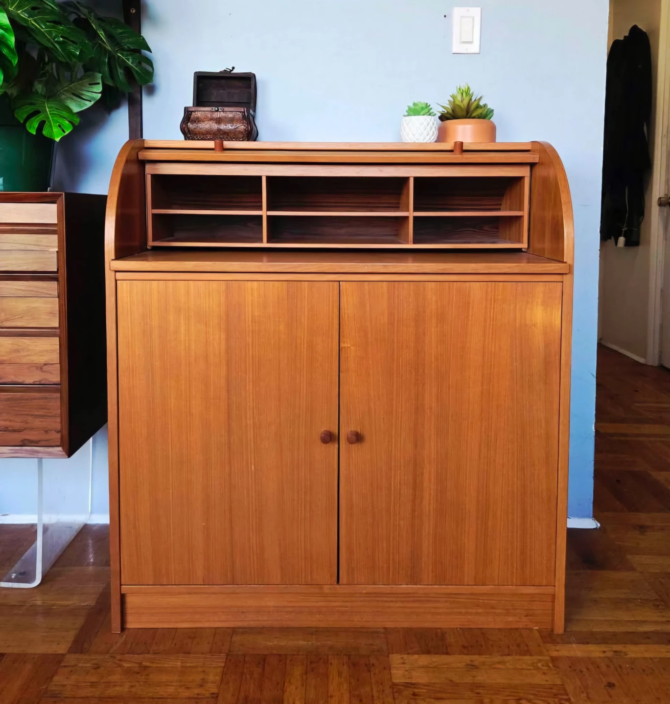 MCM Teak Roll Top Secretary Desk With Pull Out Extension - photo 4