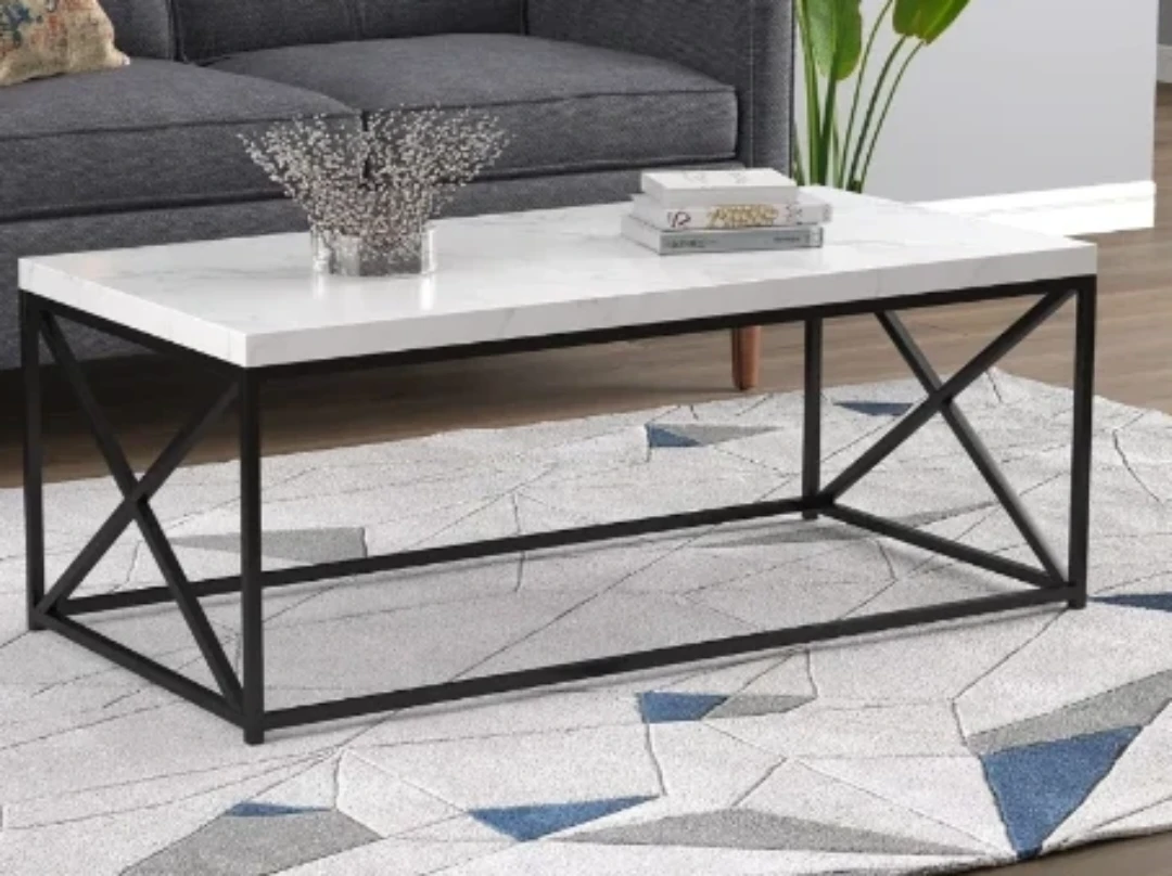Marble Top Coffee Table with Black Metal Base