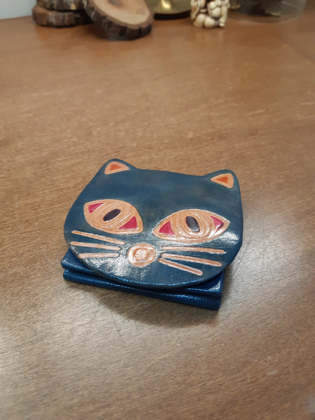Navy Blue Leather Cat Coin Purse: Mini Animal Wallet