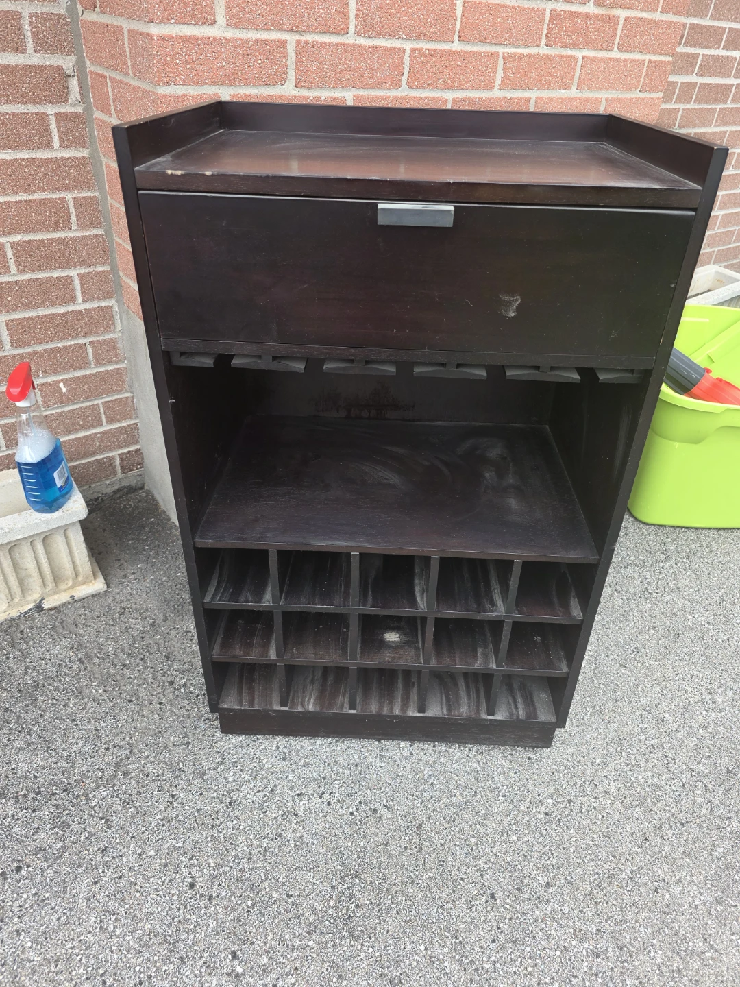 Dark Wood Bar Cabinet with Drawer and Wine Glass Holders