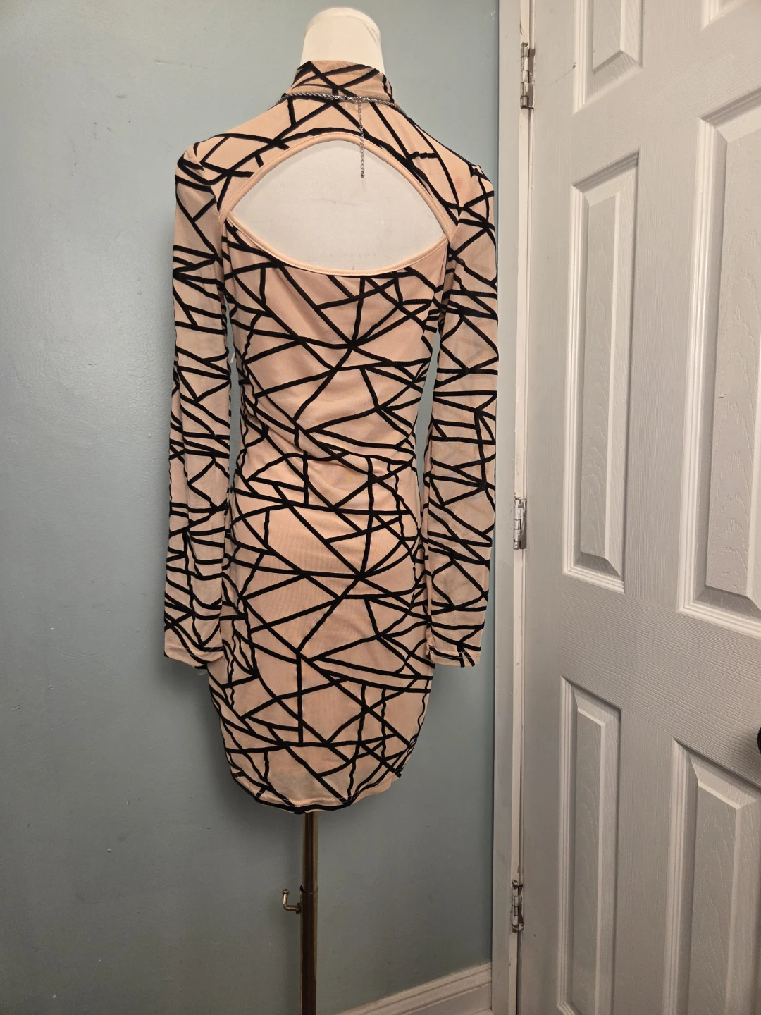 Sheer Mesh Geometric Print Mock Neck Mini Dress - photo 2
