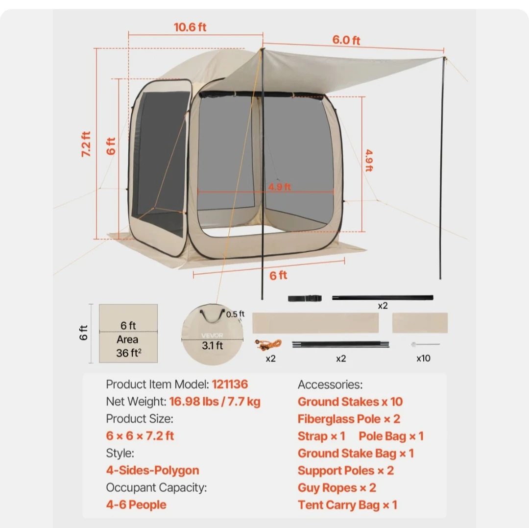 VEVOR Screen House Tent 6 x 6 ft Beige - photo 2