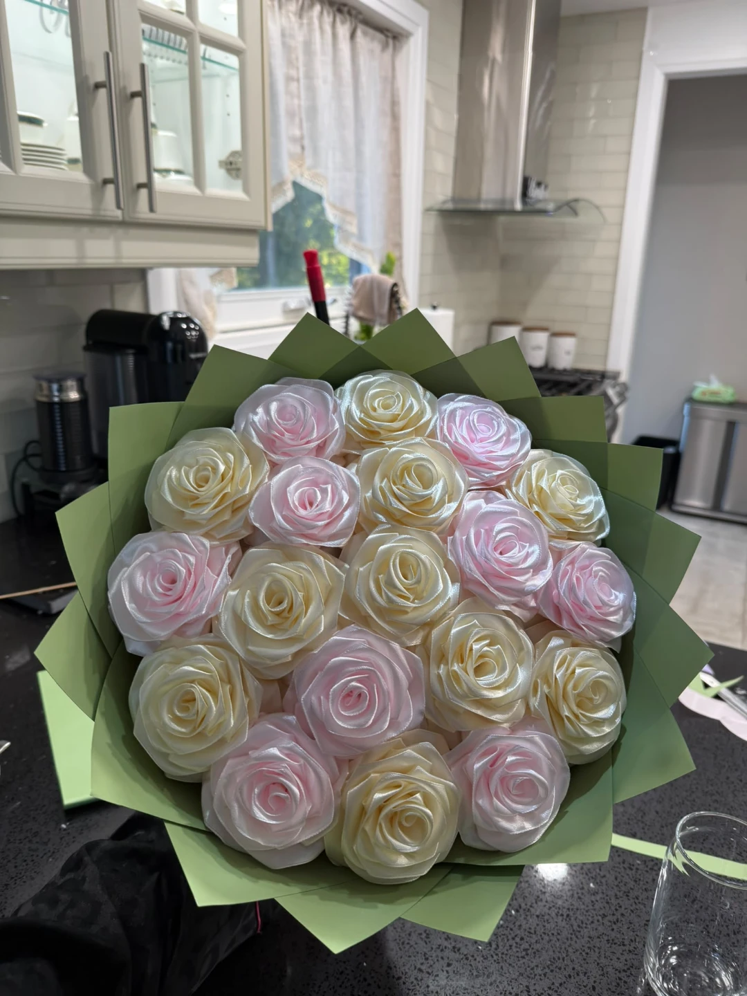 Pink and White Ribbon Rose Bouquet