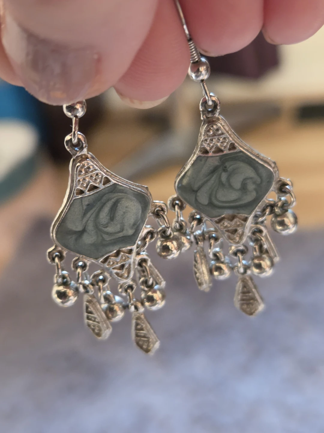 Silver-tone Dangle Earrings with Green enamel Accents - photo 4