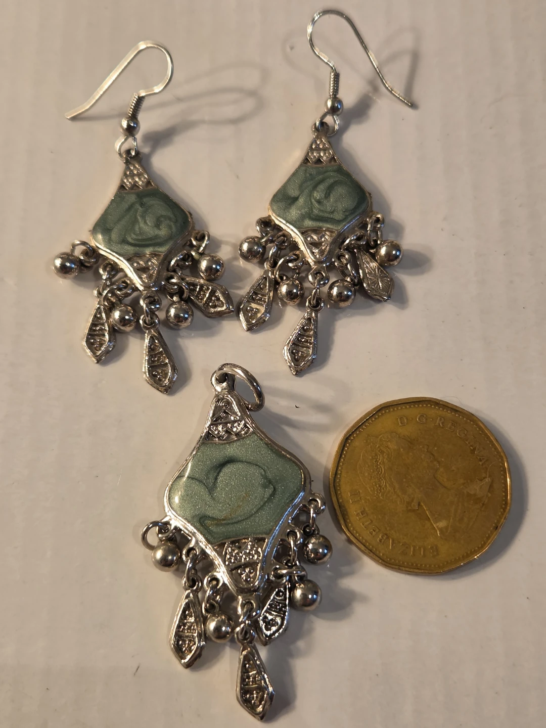 Silver-tone Dangle Earrings with Green enamel Accents - photo 5