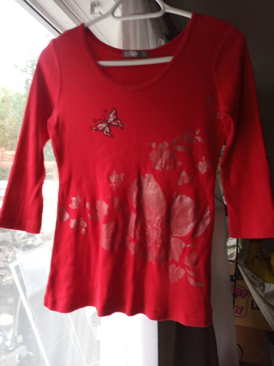 Red 3/4 Sleeve Top with Butterfly and Flower Design