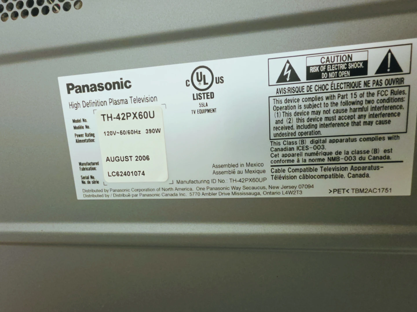42" Panasonic VIERA Plasma HDTV + Remote & Power Cable! - photo 2