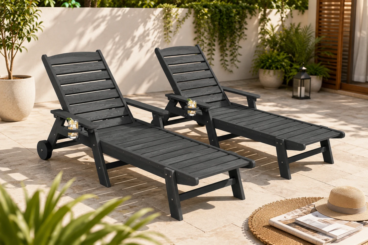 2 PCS Grey Outdoor Chaise Lounge Chair with Cup Holder