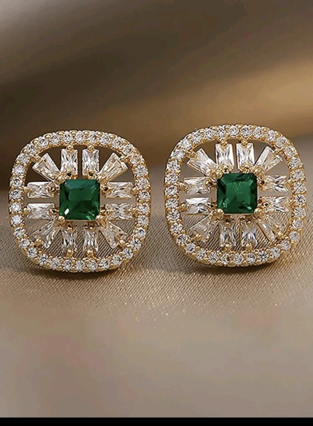 Gold-tone Earrings with Green Emerald-cut Stones