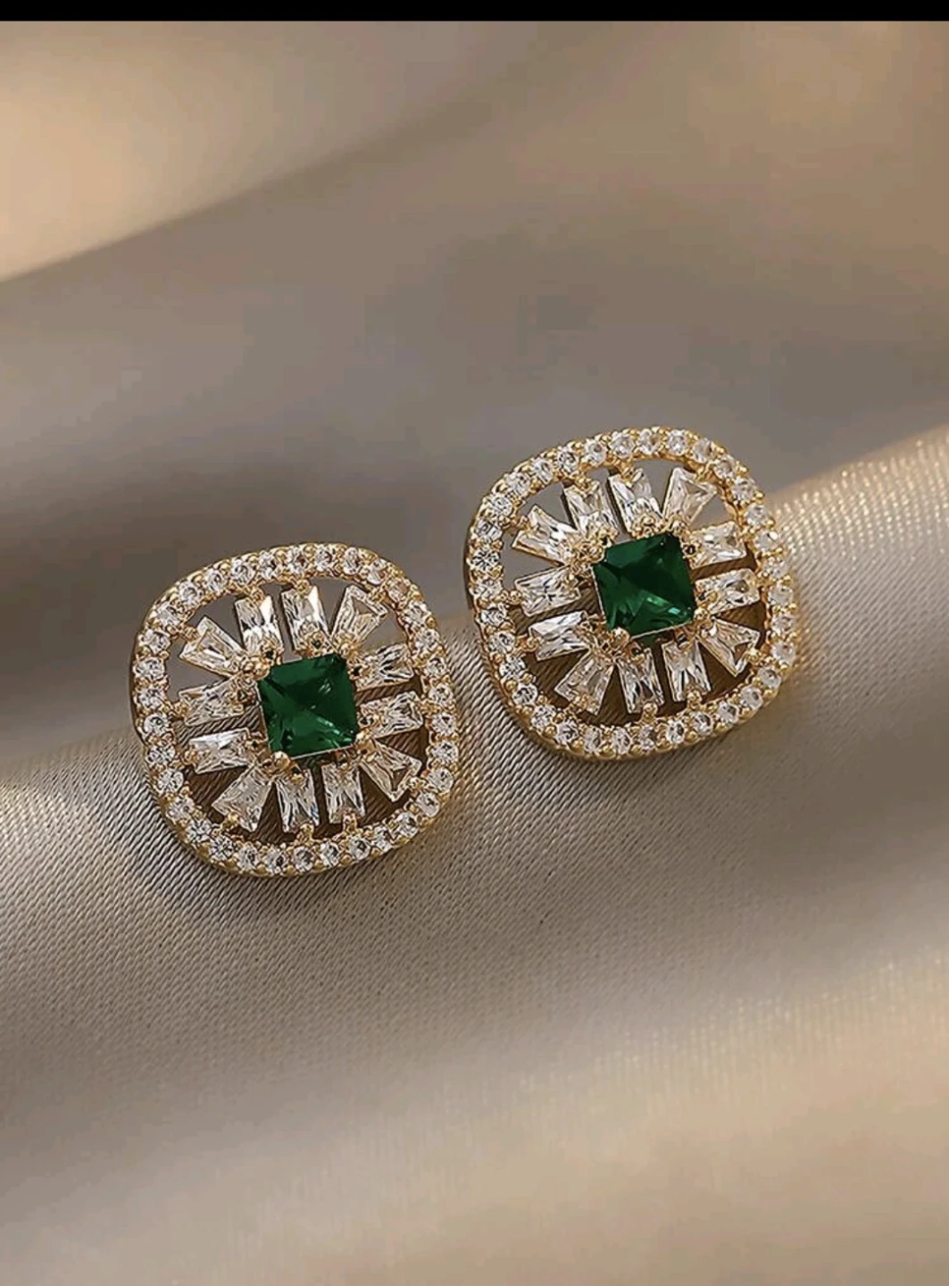 Gold-tone Earrings with Green Emerald-cut Stones - photo 2