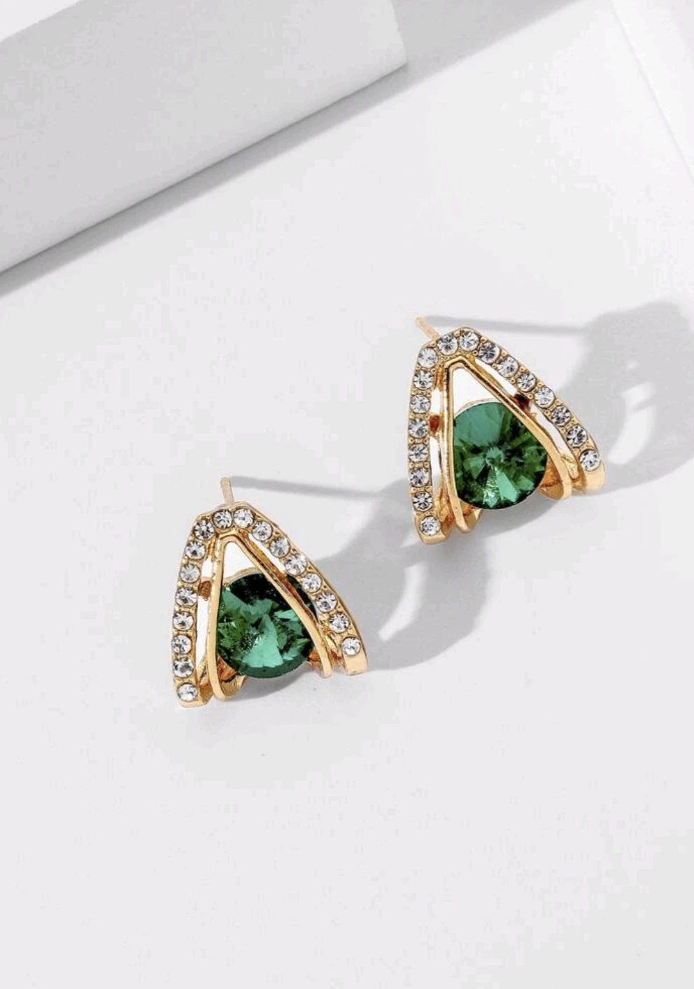 Gold-tone Earrings with Green Emerald-cut Stones - photo 3