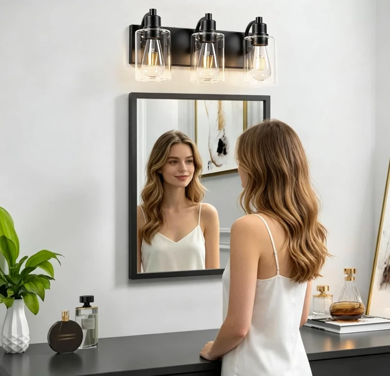 Black 3-Light Vanity Light Fixture with Clear Glass Shades - photo 4