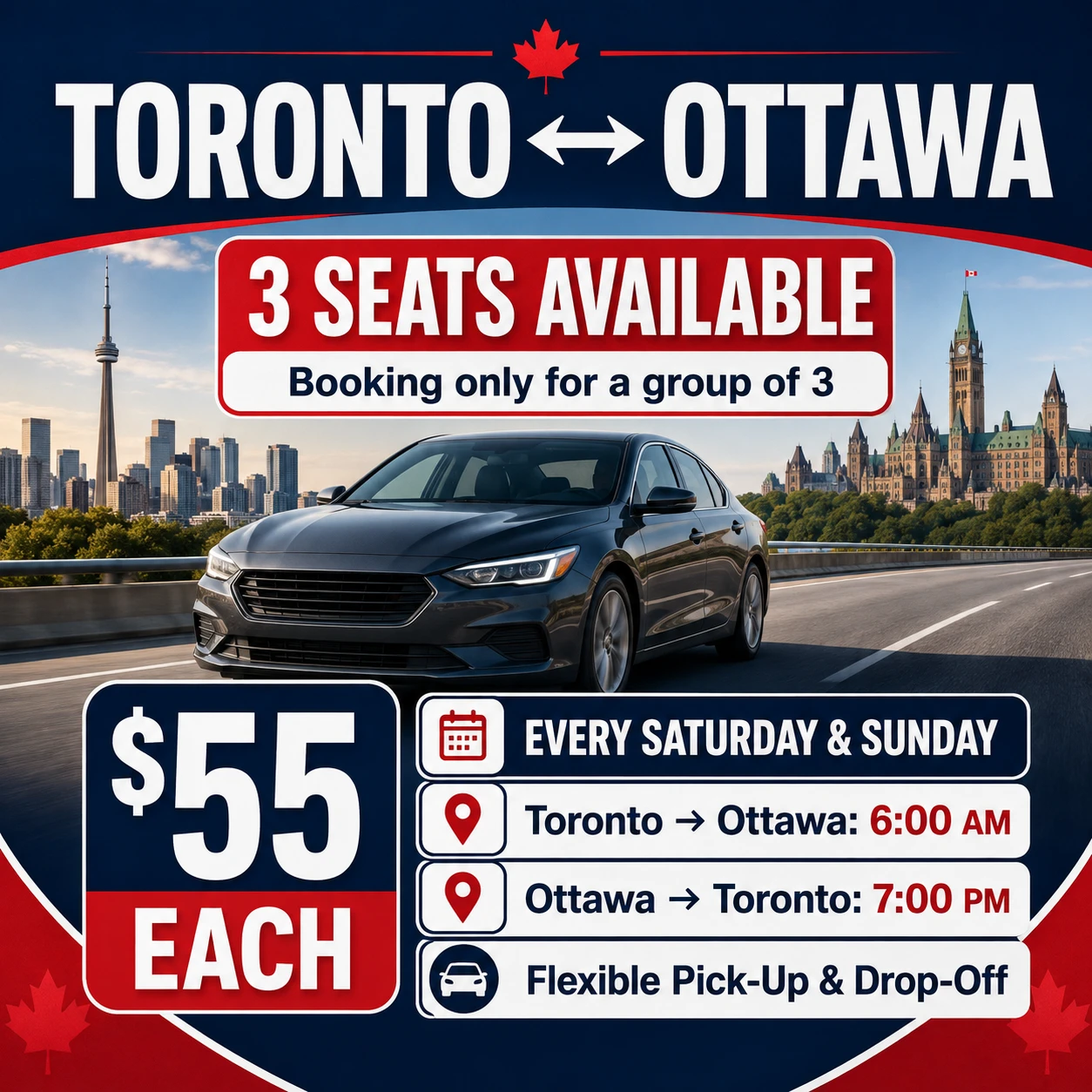 Toronto to Ottawa Rideshare for Group of 3