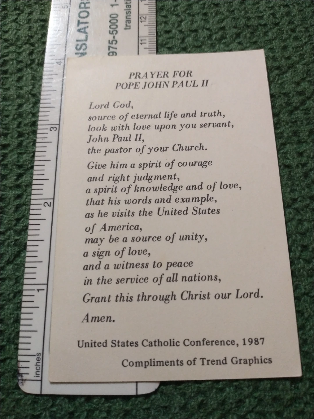 Pope John Paul II 1987 Prayer Card, US Catholic Conference - photo 3