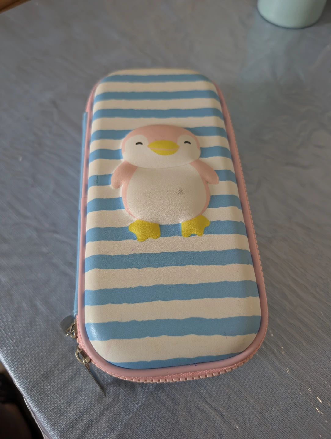 Pink Penguin Pencil Case with Markers and Scissors