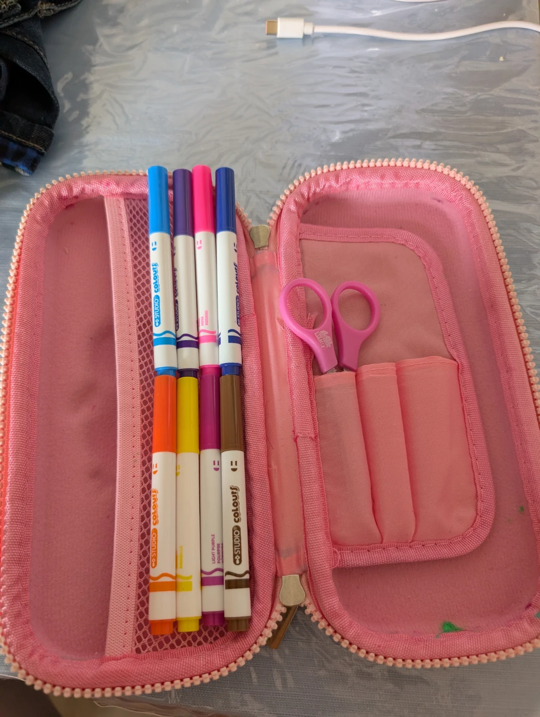 Pink Penguin Pencil Case with Markers and Scissors - photo 2