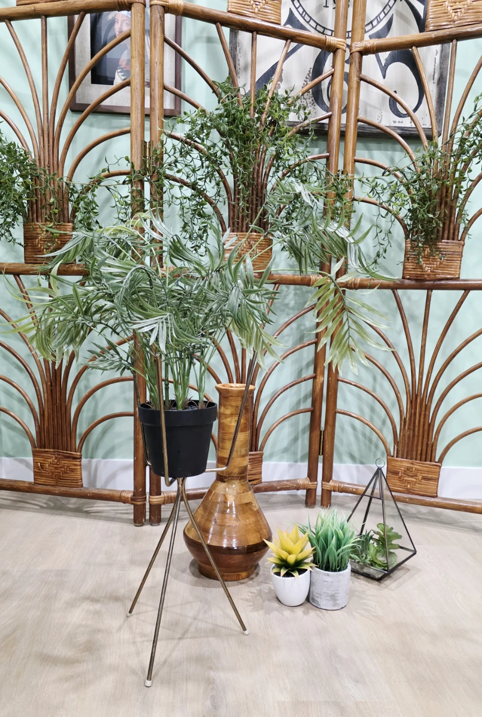Faux plants, wood vase, vintage brass plant tripod stand