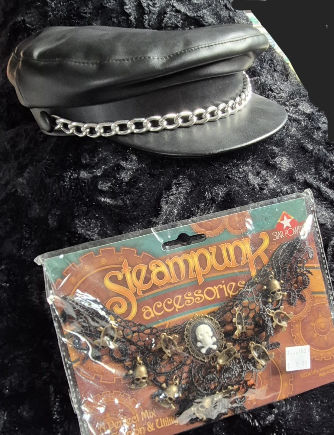 Black Faux Leather Cap with Chain & Steampunk Necklace