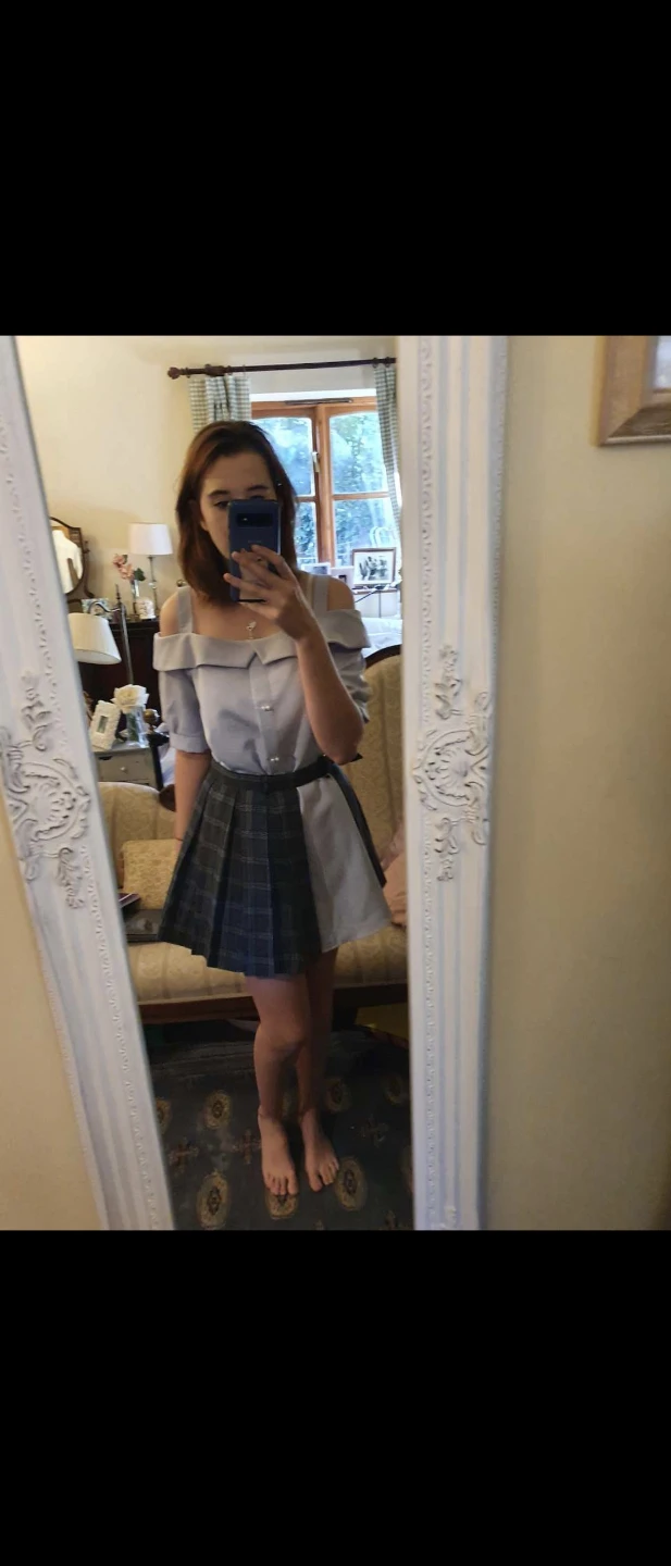 Light Blue Off-the-Shoulder Shirt with Plaid Skirt - photo 2