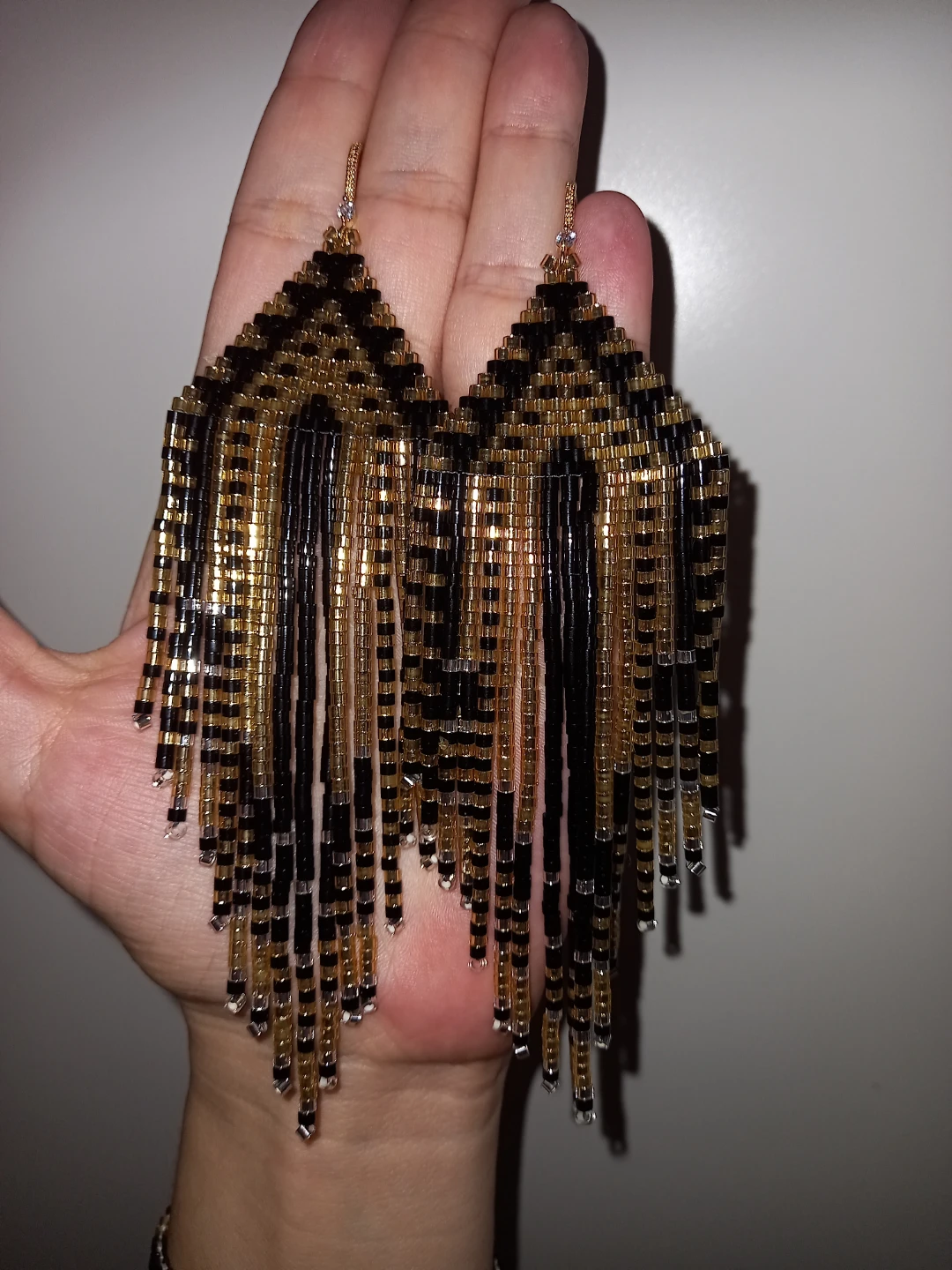 18KGoldPlated 🌟 Beaded Fringe Earrings - Black and Gold