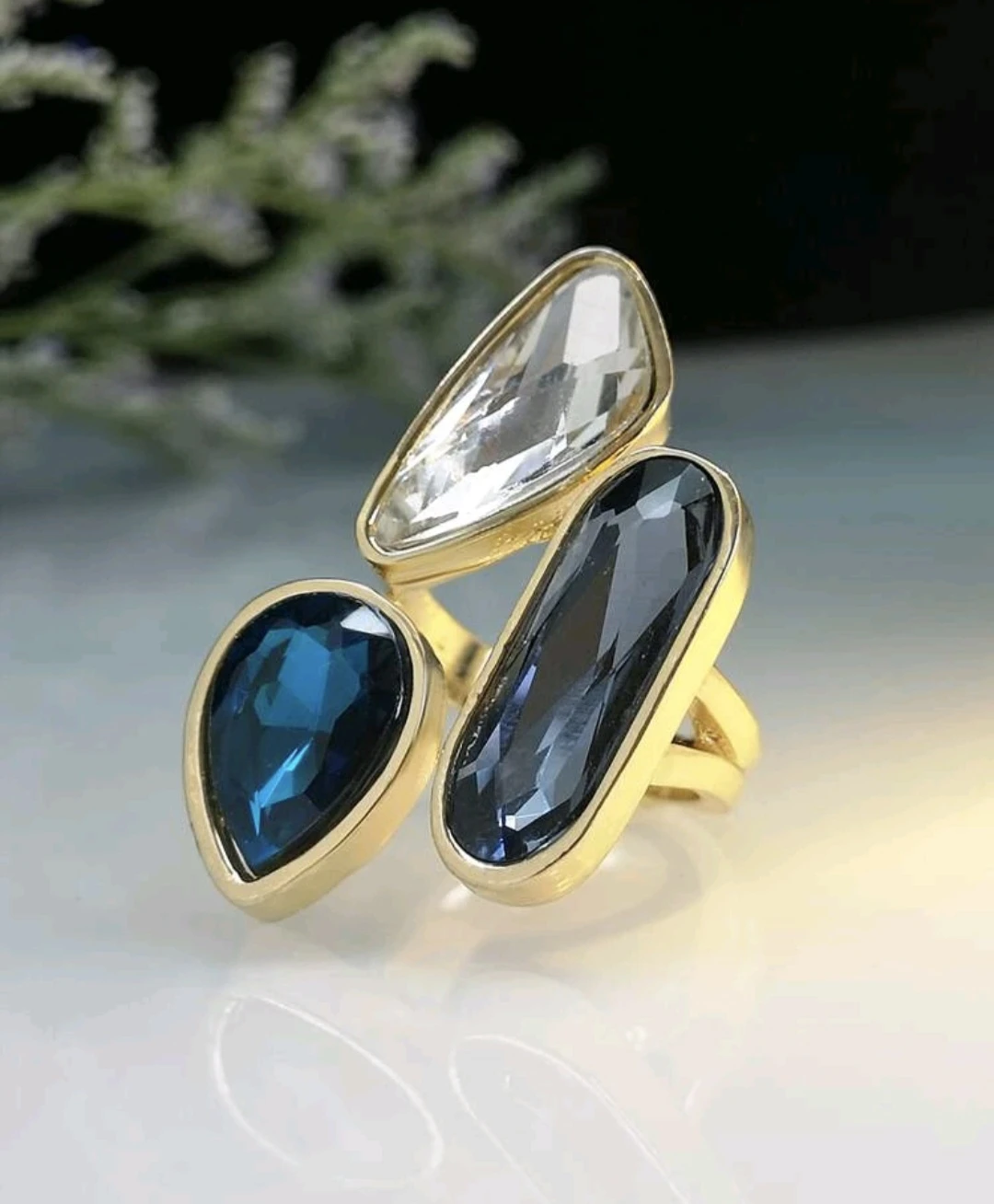 Gold-tone Ring with Blue and Clear Crystals
