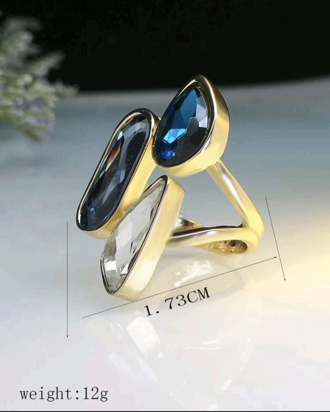 Gold-tone Ring with Blue and Clear Crystals - photo 2
