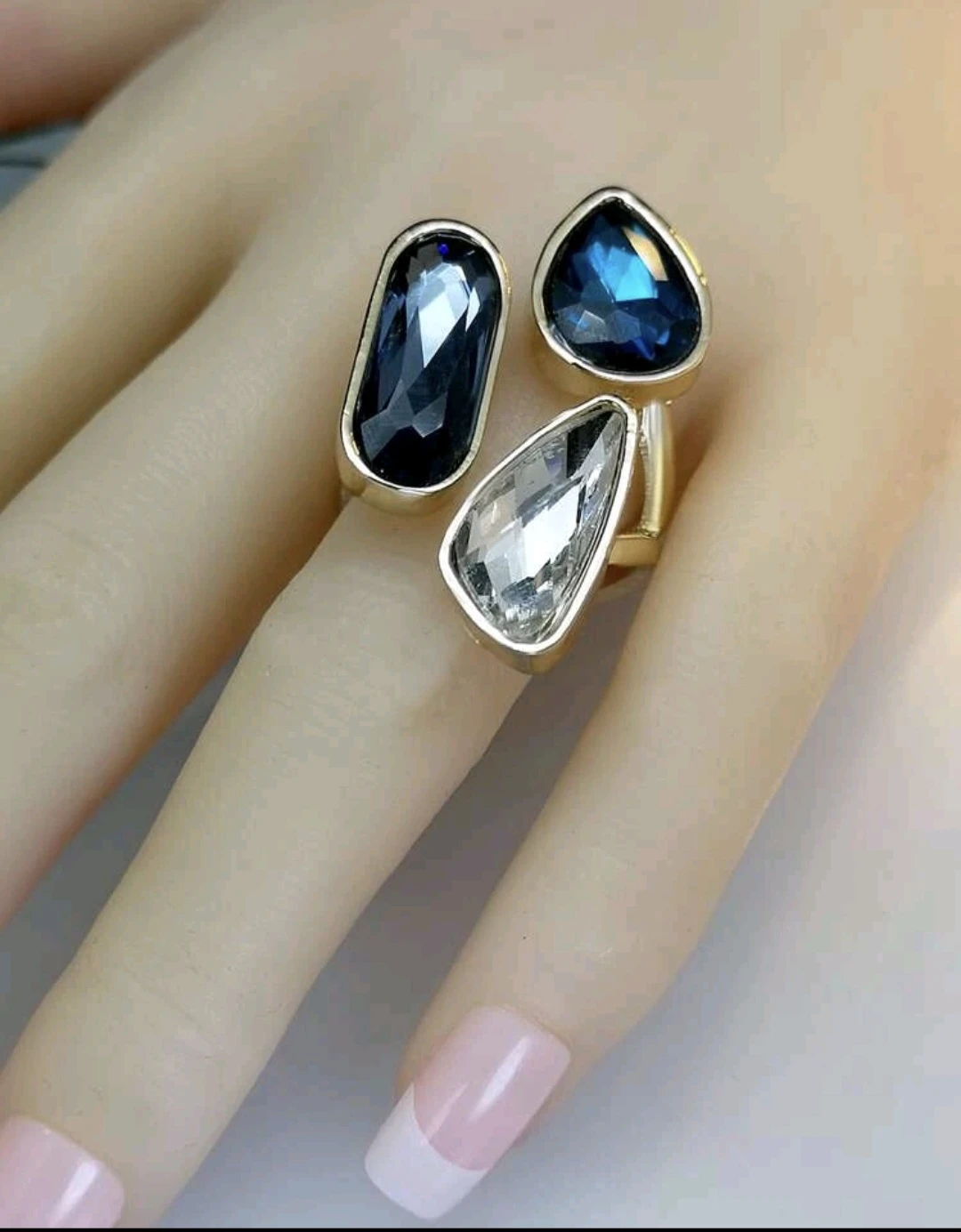 Gold-tone Ring with Blue and Clear Crystals - photo 3