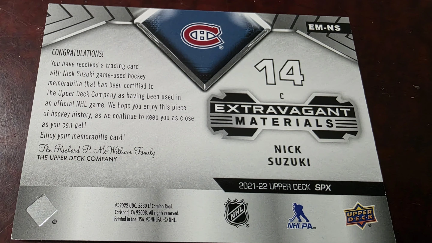 Nick Suzuki 2021-22 Upper Deck SPX Extravagant Materials Card - photo 2