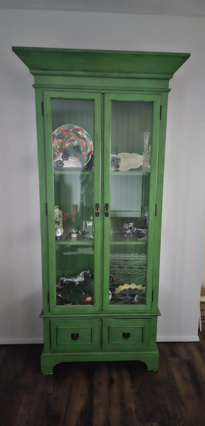 Green Display Cabinet with Glass Doors and Drawers