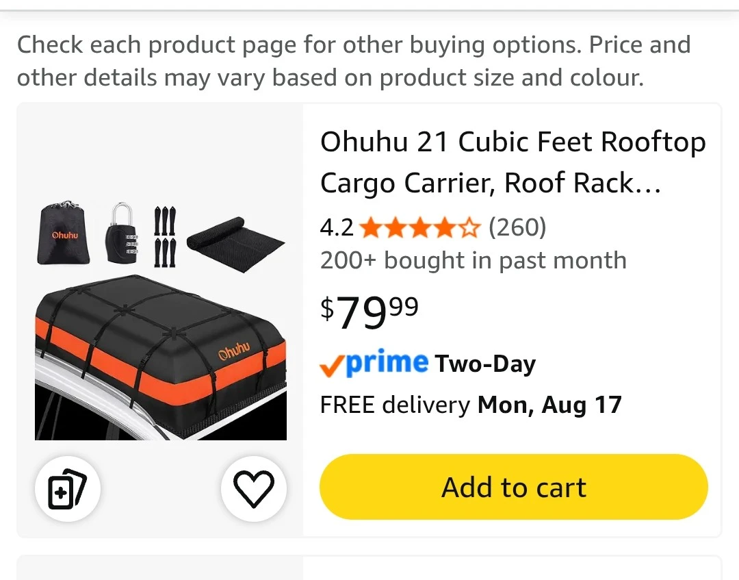 Ohuhu 21 Cubic Feet Rooftop Cargo Carrier Bag