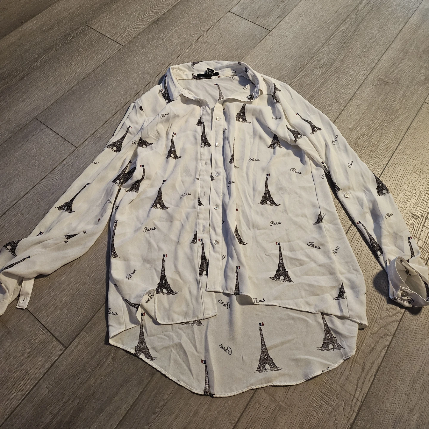 White Paris Eiffel Tower Print Button-Up Blouse