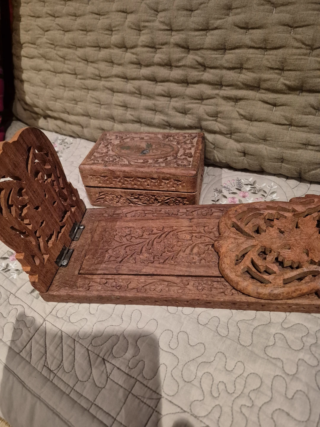 Carved Wood Book Stand and Box