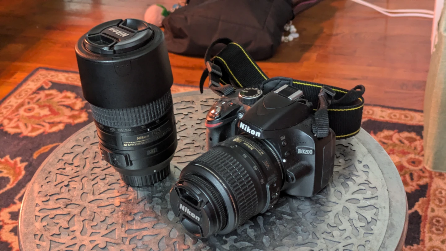 Nikon D3200 camera, 18-55 mm lens and 55-300 mm lens