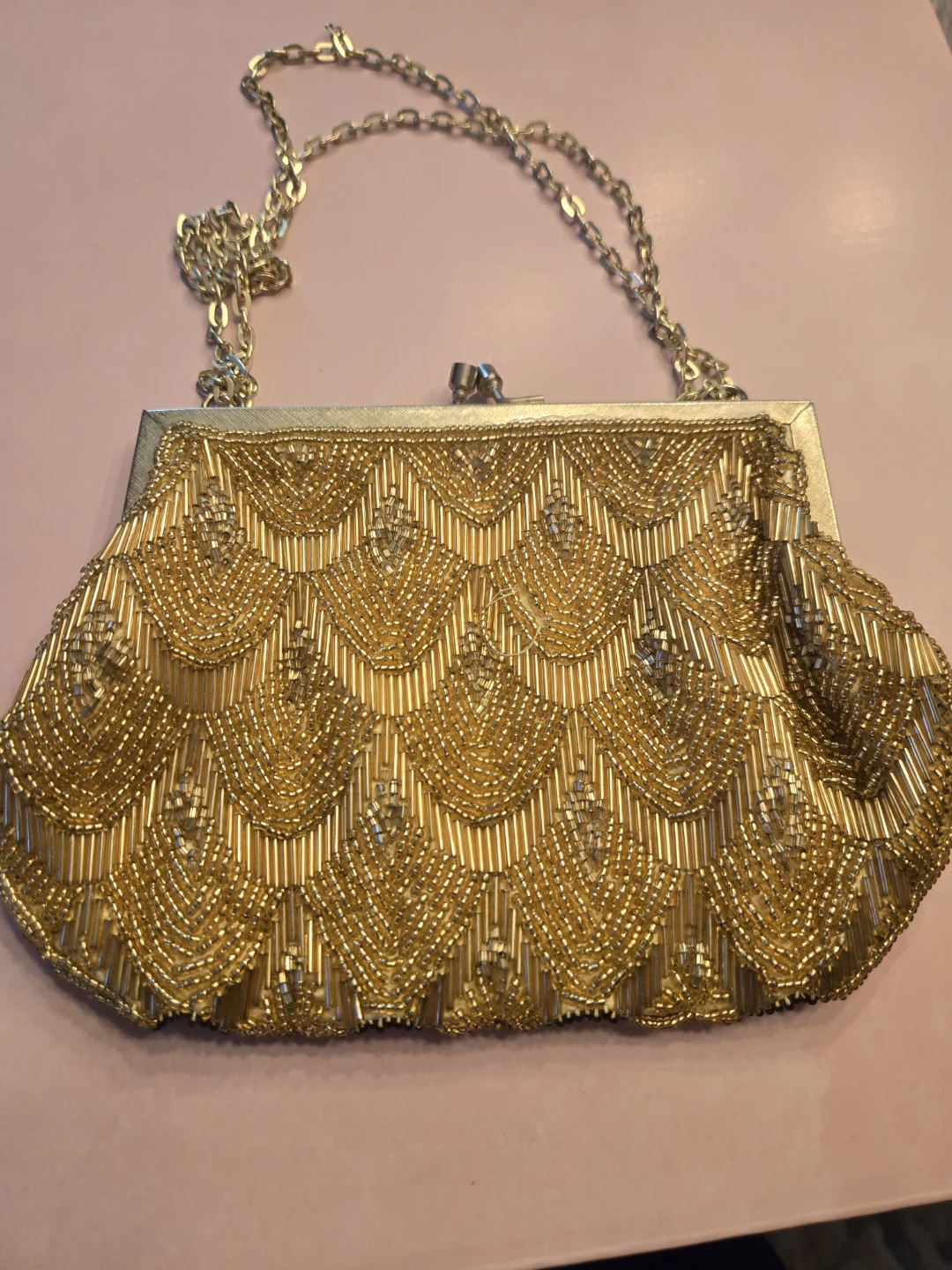 Vintage Gold Beaded Clutch with Chain