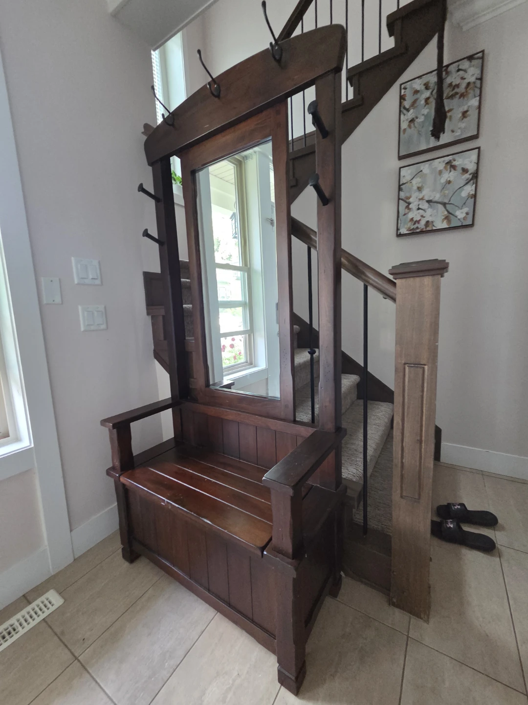 Vintage Hall Tree Bench with Mirror and hooks