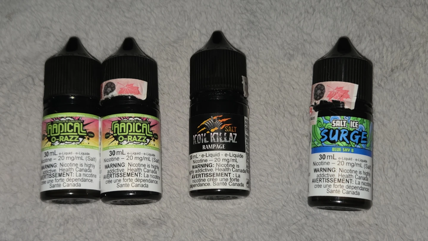 4x 30mL E-Liquids - Radical O-Razz, Koi Killaz, Salt Ice Surge