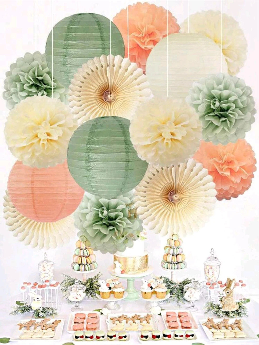 15 pcs. DECOR SET - lanterns, flower pompoms, fans